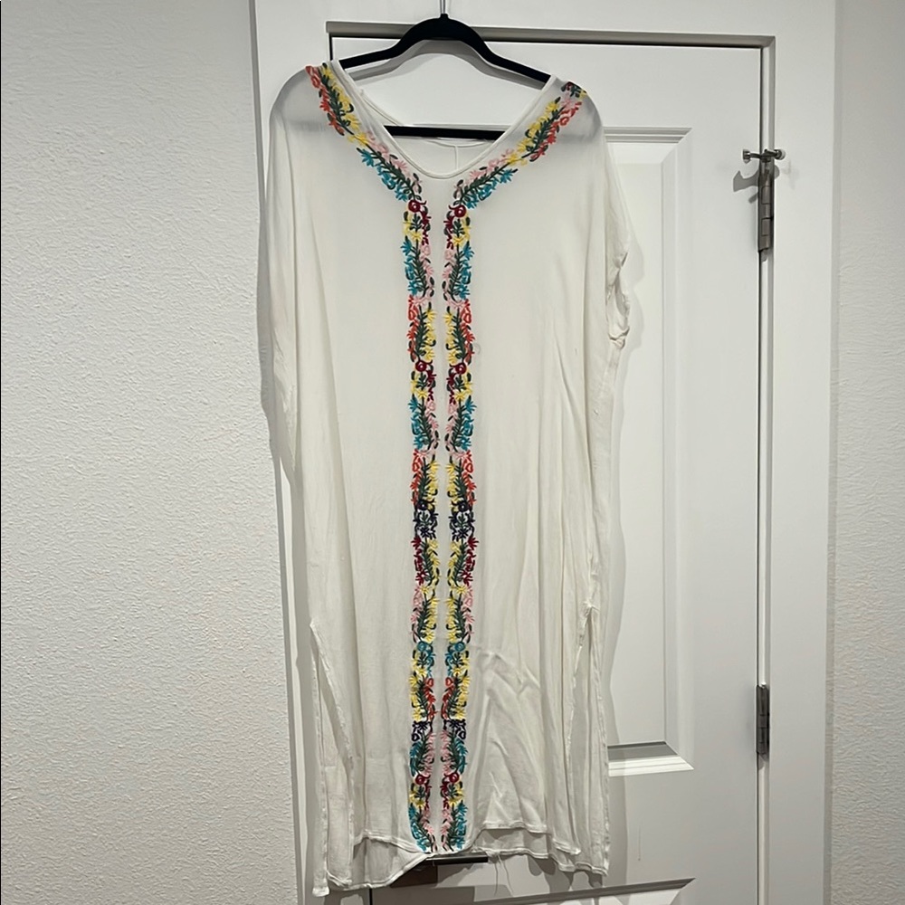 Embroidered White swim cover up with side slits